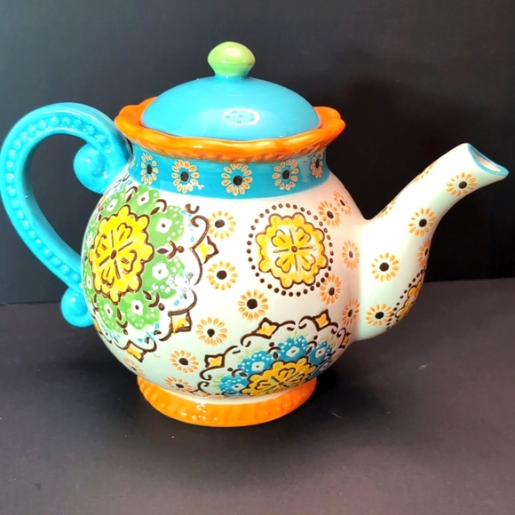Dutch Wax by Coastline Imports Hand painted Turquoise/Orange Teapot. - Picture 3 of 11